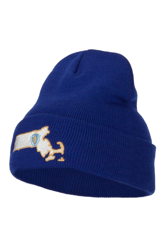 Massachusetts State Flag Map Embroidered Long Beanie - Royal OSFM