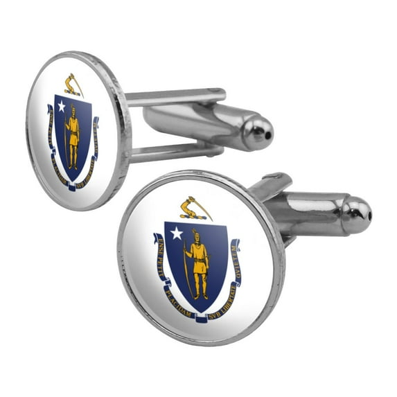 Massachusetts State Flag Round Cufflink Set Silver Color