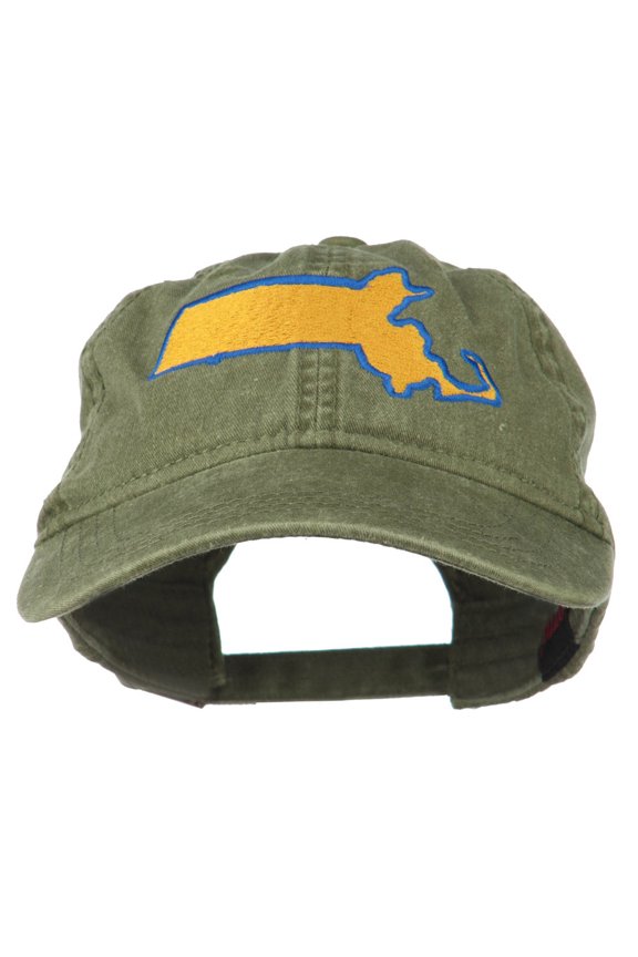 Massachusetts State Map Embroidered Washed Cap - Olive Green OSFM