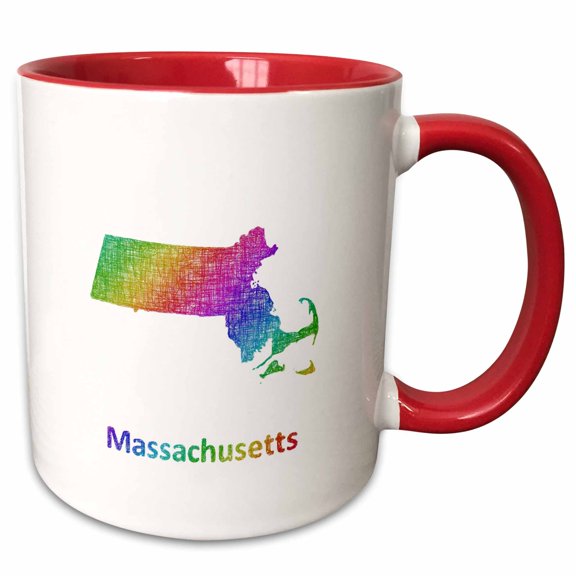 3drose, Massachusetts State Map - Rainbow Sketch Design, 11oz Two-tone Red Mug