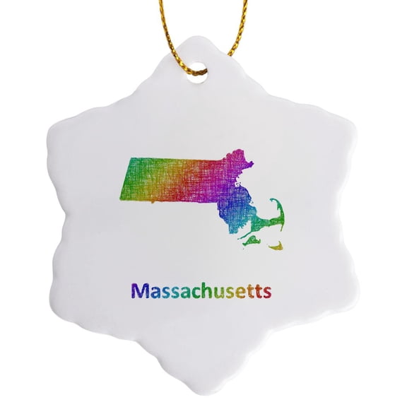 3drose, Massachusetts State Map - Rainbow Sketch Design, 3 inch Snowflake Porcelain Ornament