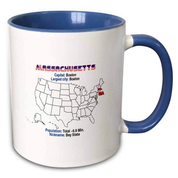3drose, Massachusetts State of the Usa, American Map, Facts Practical Details, 11oz Two-tone Blue Mug