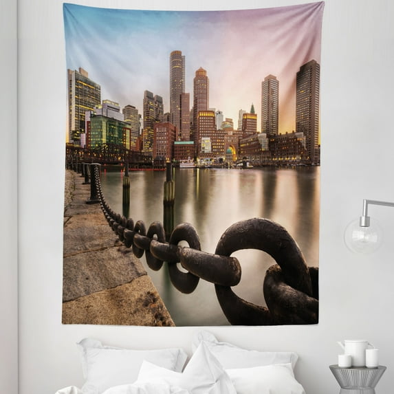 Massachusetts Tapestry, Fan Pier Park with Boston City Skyline Modern Urban Life Themed Design Print, Fabric Wall Hanging Decor for Bedroom Living Room Dorm, 5 Sizes, Multicolor, by Ambesonne
