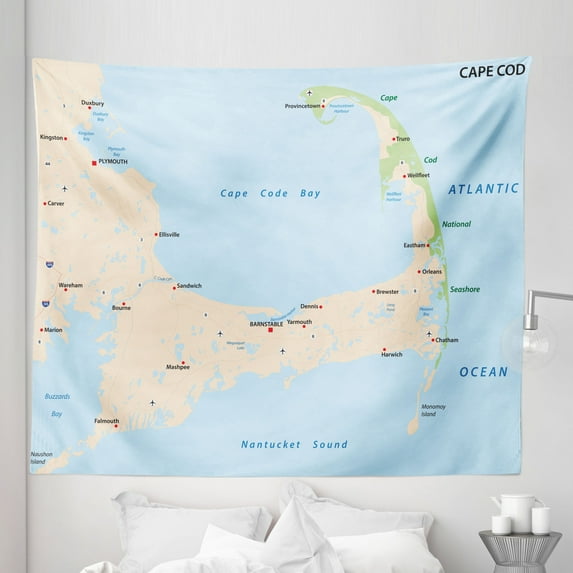 Massachusetts Tapestry, Modern Road Map Themed Illustration with Cape Cod and Names, Fabric Wall Hanging Decor for Bedroom Living Room Dorm, 5 Sizes, Green Eggshell, by Ambesonne