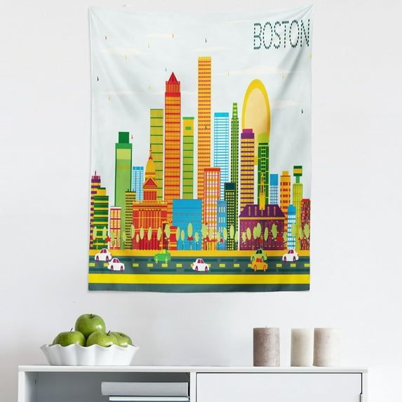 Massachusetts Tapestry, Rainbow Colored Arrangement of Skyscrapers Financial District of Boston Print, Fabric Wall Hanging Decor for Bedroom Living Room Dorm, 5 Sizes, Multicolor, by Ambesonne