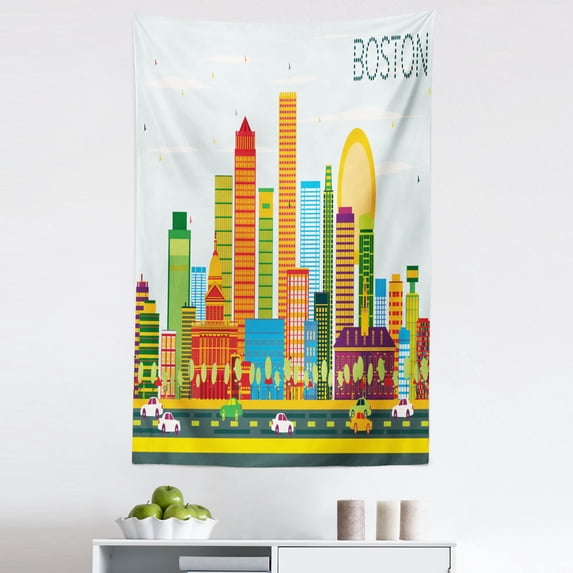 Massachusetts Tapestry, Rainbow Colored Arrangement of Skyscrapers Financial District of Boston Print, Fabric Wall Hanging Decor for Bedroom Living Room Dorm, 5 Sizes, Multicolor, by Ambesonne