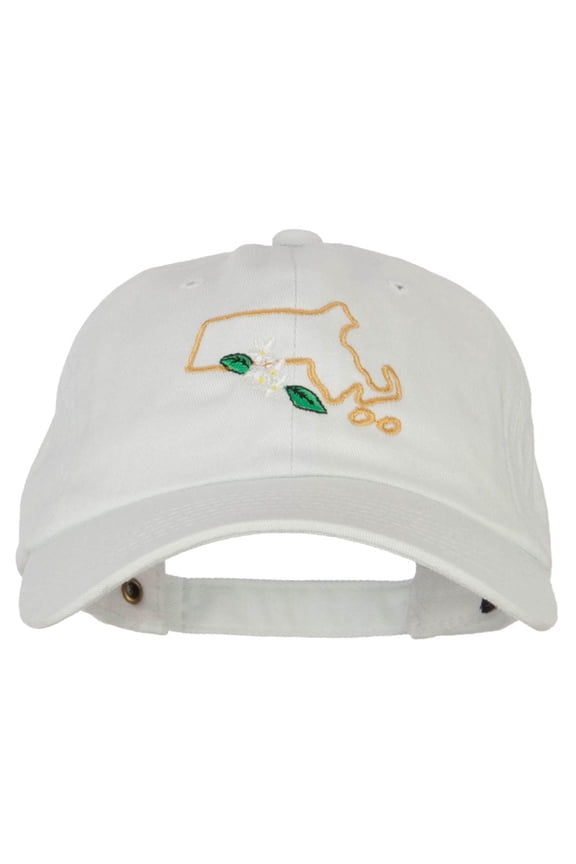 Massachusetts Trailing Arbutus with Map Embroidered Unstructured Washed Cap - White OSFM