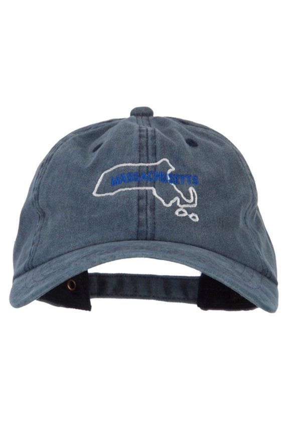 Massachusetts with Map Outline Embroidered Washed Cotton Twill Cap - Navy OSFM