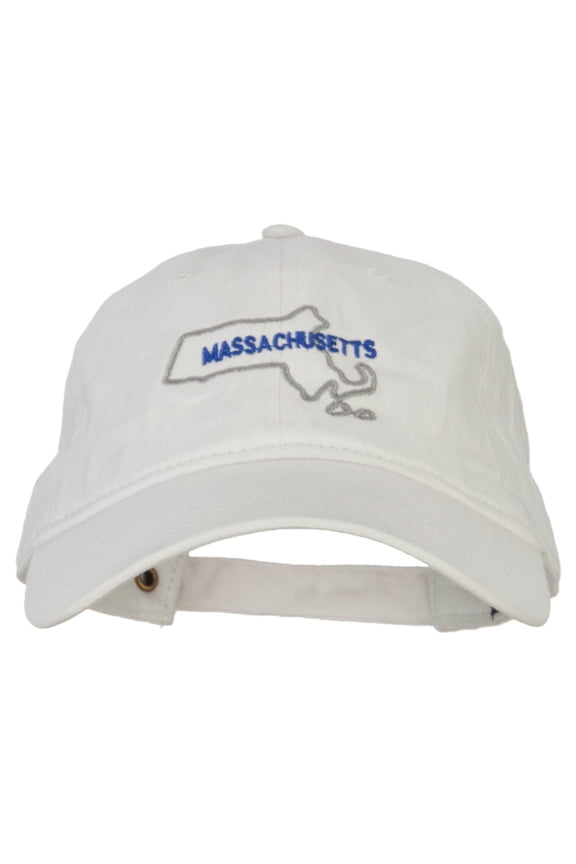 Massachusetts with Map Outline Embroidered Washed Cotton Twill Cap - White OSFM