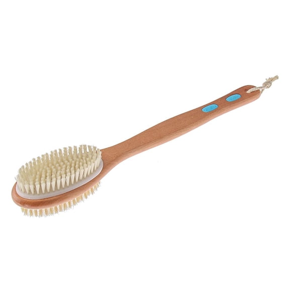 Massage Back Foot Scrubber with Long Wooden Handle Soft&Stiff Bristle Bath Brush Double Side Head Shower Brush Body Exfoliating Cleaner