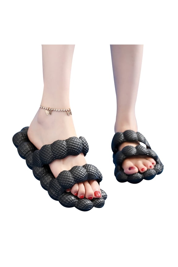 Massage Bubble Slides for Women Men,Adults Funny Lychee Bubble Double Straps Sandals, for Bedroom,Spa,Gym,Beach(black)