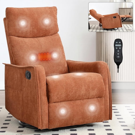 Massage Chair Recliner with Heat, Swivel Rocking Chair Recliner with High Back, Manual Lazy Boy Recliners for Adults,Small Recliner Chair for Small Spaces, Living Room Bedroom, Fabric (Orange)