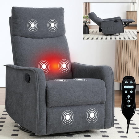 Massage Chair Recliner with Heat, Swivel Rocking Chair Recliner with High Back, Manual Lazy Boy Recliners for Adults,Small Recliner Chair for Small Spaces, Living Room Bedroom, Fabric (Grey)