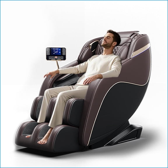 Massage Chair with Zero Gravity, SL-Track, Shiatsu, Heated Back/Calves, Foot Rollers, Speakers & LCD Control | PU Leather | Walnut Brown