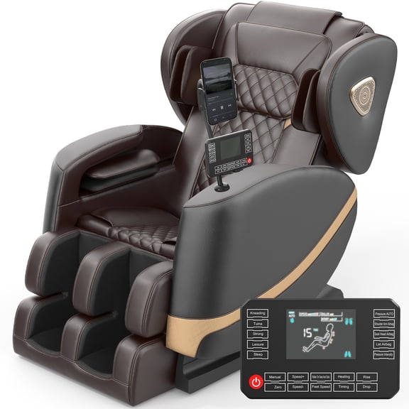 Massage Chair with Zero Gravity and 10 Rollers, Heat, Deep-Kneading Foot Massager & Bluetooth Speakers, Brown