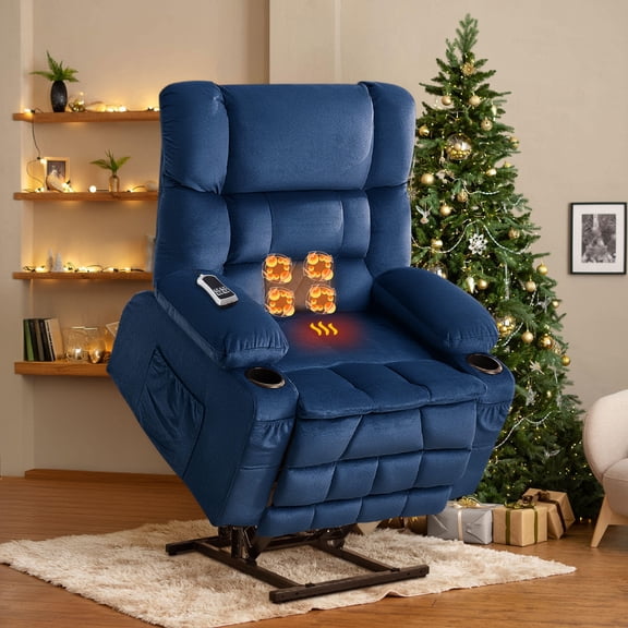 Massage Chairs Dual Motor Large Power Lift Recliner Chair for Elderly, Lay Flat Lift Chair with knead the waist and heat, Big Lift Recliner for Tall People, Cup Holders,BLUE,Living Room Recliners
