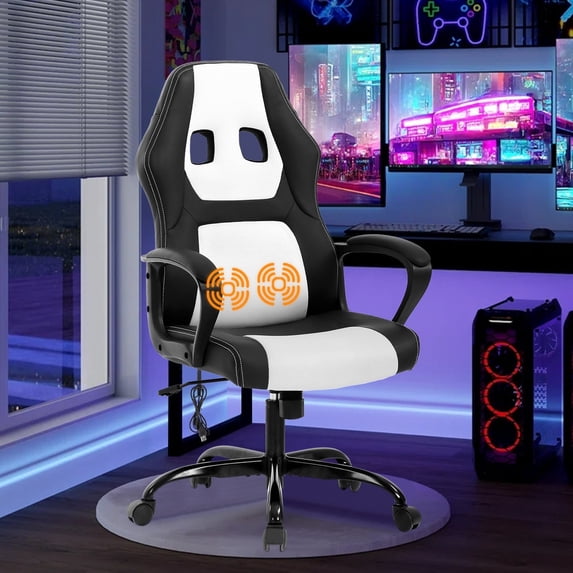 Massage Gaming Chair, High Back Office Chair Adjustable Gamer Chair Ergonomic Computer Chair with Lumbar Support Task Rolling Swivel Chair Game Chair for Adult &Teen(White)