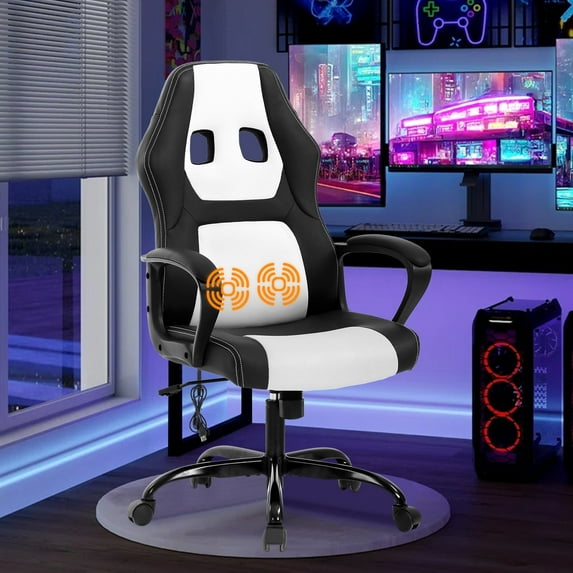 Massage Gaming Chair, High Back Office Chair Adjustable Gamer Chair Ergonomic Computer Chair with Lumbar Support Task Rolling Swivel Chair Game Chair for Adult &Teen(White)