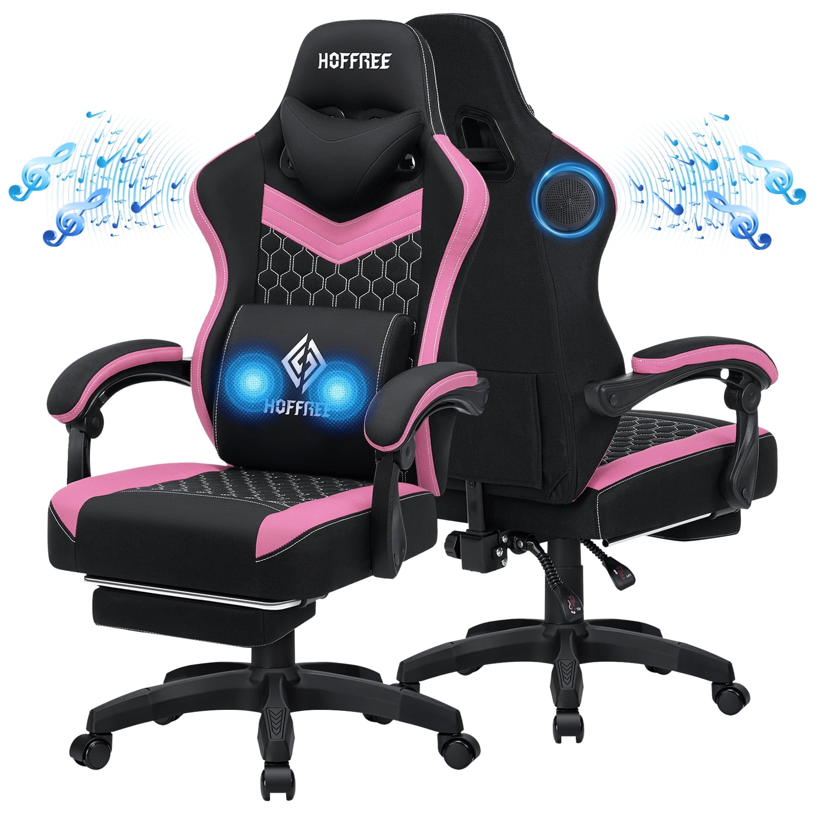 Hoffree Gaming Chair with Speakers Fabric Gamer Chair with footrest and massage Big and Tall Video Game Chair with Headrest and Lumbar Support for