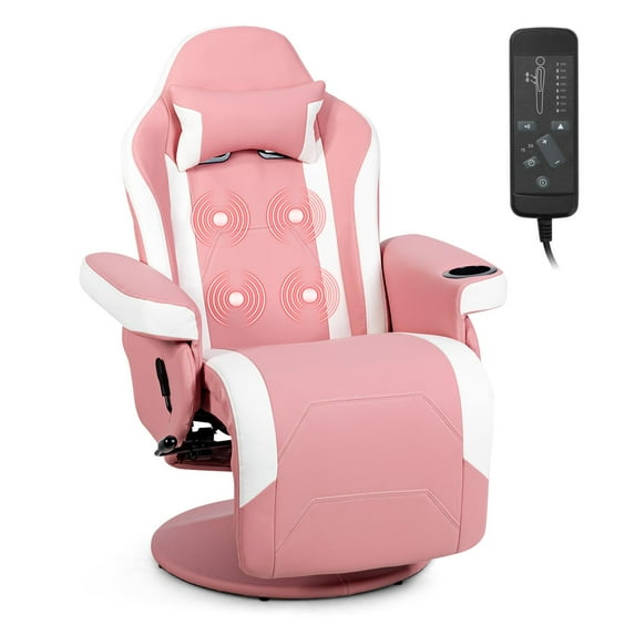 Massage Gaming Recliner, High Back Swivel Home Office Chair w/Adjustable Backrest & Footrest for Gaming, Pink