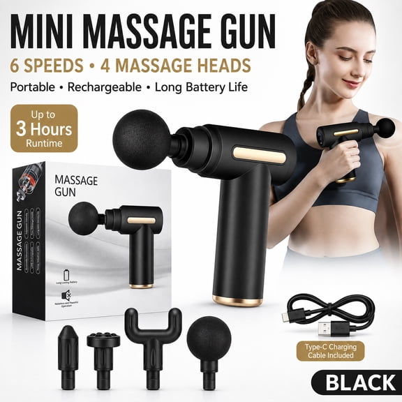 Massage Gun, 6-Speed Deep Tissue Percussion Massager with 4 Interchangeable Heads, Portable Handheld Muscle Massager with Type-C Charging and Up to 3 Hours Battery Life for Back, Neck, Shoulders,