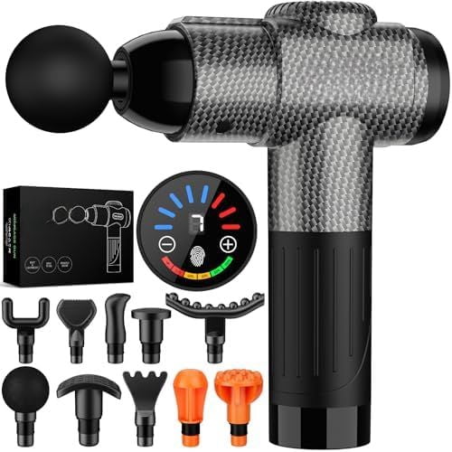 Massage Gun, Deep Tissue Back Massage for Athletes for Pain Relief, Percussion Massager with 10 Massages Heads & Silent Brushless Motor, Valentines Day Gifts for Him Her, Carbon
