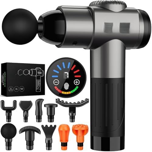 Massage Gun, Deep Tissue Back Massage for Athletes for Pain Relief, Percussion Massager with 10 Massages Heads & Silent Brushless Motor, Valentines Day Gifts for Him Her, Grey