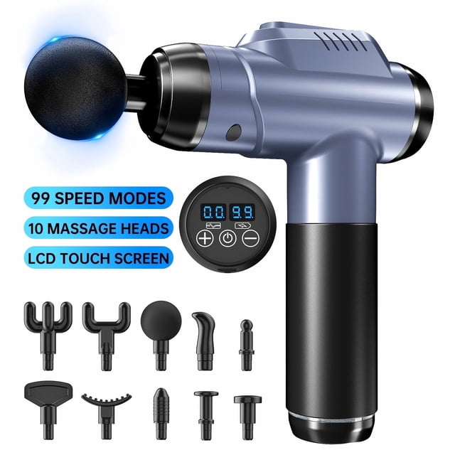 Cshidworld Massage Gun, Deep Tissue Massager, Portable Muscle Massage Gun for Back Neck Muscle Relieve, Quiet Massager Gun 99 Variable Speeds Digital Display 10 Massage Heads - Blue