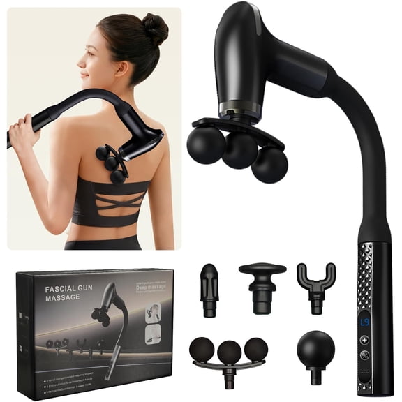 Massage Gun with Extension Handle, Handheld Back Massager Tool, Massager for Neck/Leg/Shoulder Pain, 9 Adjustable Speeds & Modes and 5 Replaceable Blades, Gifts for Tech Lovers