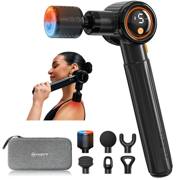 Massage Gun with Heat and Cold,Massage Gun Deep Tissue with Extension Handle & 3 Adjustable Angles,Handheld Percussion Back Massager for Muscle/Neck/Body Pain Relief,6 Heads,with Case