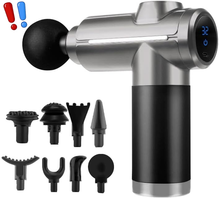 Massage Gun Home-use Exercise Muscle Relaxation Massager 32 Speeds and 8 Massages Heads Silent Extremely Long Battery Life Portable Handheld for Legs,Back,Arms,Waist Pain Relief (Grey)