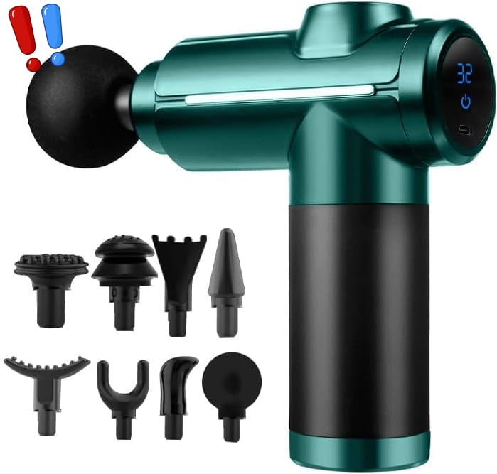 Massage Gun Home-use Exercise Muscle Relaxation Massager 32 Speeds and 8 Massages Heads Silent Extremely Long Battery Life Portable Handheld for Legs,Back,Arms,Waist Pain Relief (Green)