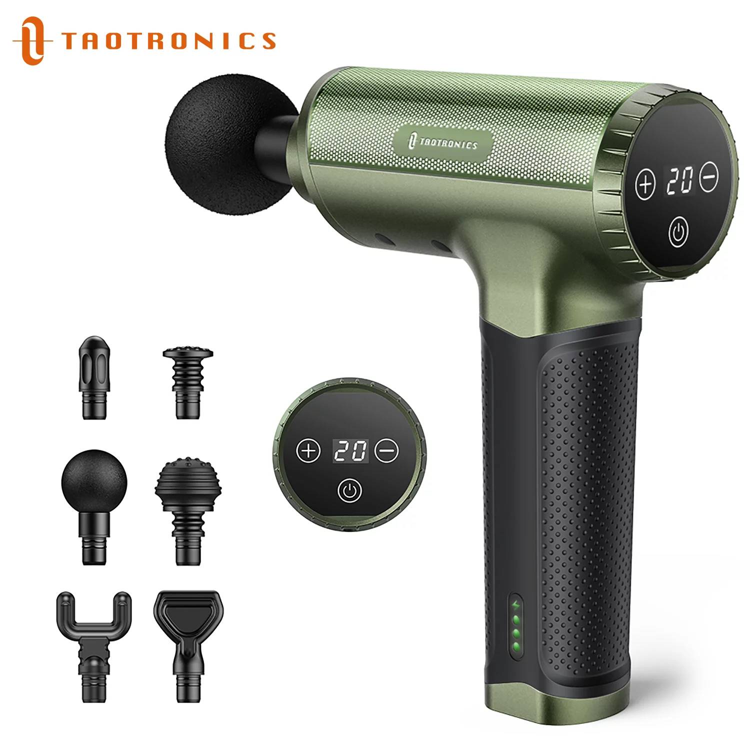 Massage Gun,TaoTronics Deep Tissue Percussion Muscle Massager Handheld Cordless Back Massager with 20 Speeds and 6 Heads(Green) - image 1 of 10