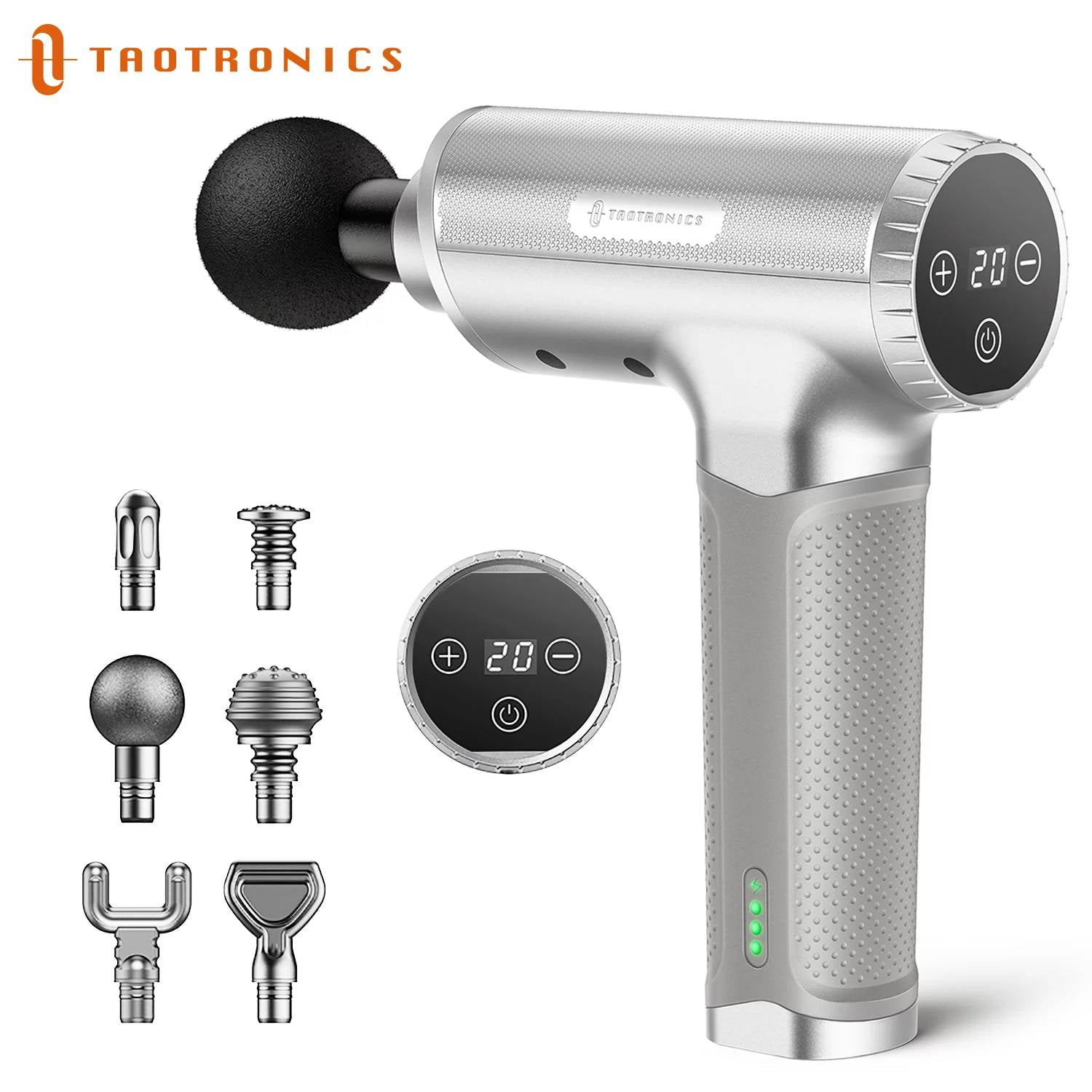 Massage Gun,TaoTronics Deep Tissue Percussion Muscle Massager Handheld  Cordless Back Massager with 20 Speeds and 6 Heads(Sliver)