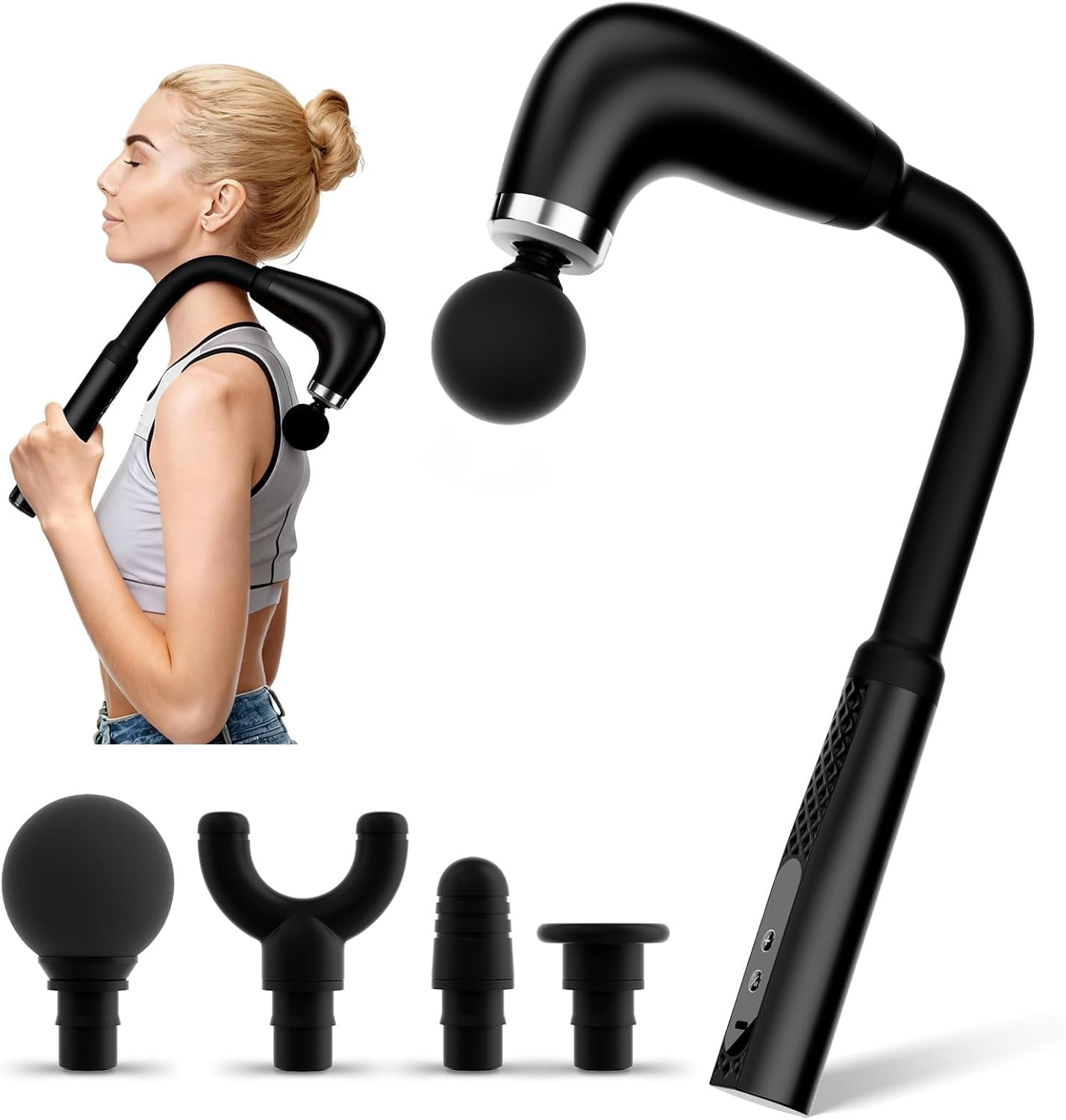 Massage Gun with Upgraded Extension Handle, Back Massage Gun Deep Tissue, Back Massager for Pain Relief for Muscles Neck Shoulders Waist Arm Legs Foot, 4 Replaceable Heads & 9 Speed Levels (BLACK)