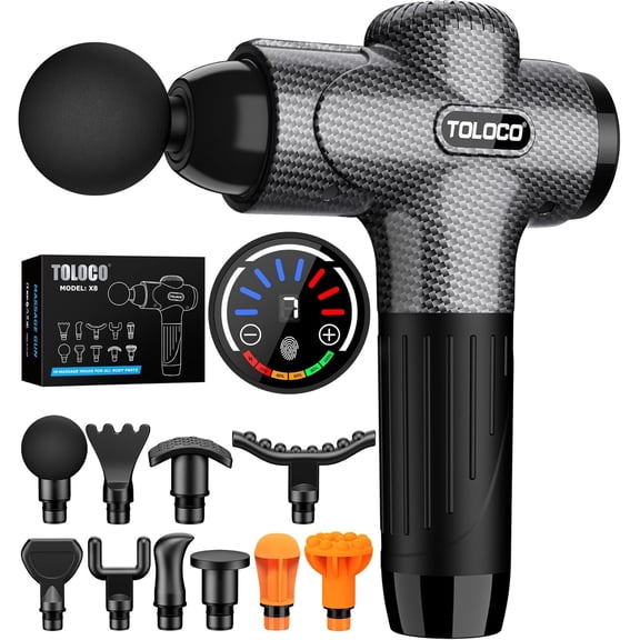 Massage Gun with 10 Replacement Heads for Deep Tissue Pain Relief, 7 Speed Levels, Super Quiet, Carbon
