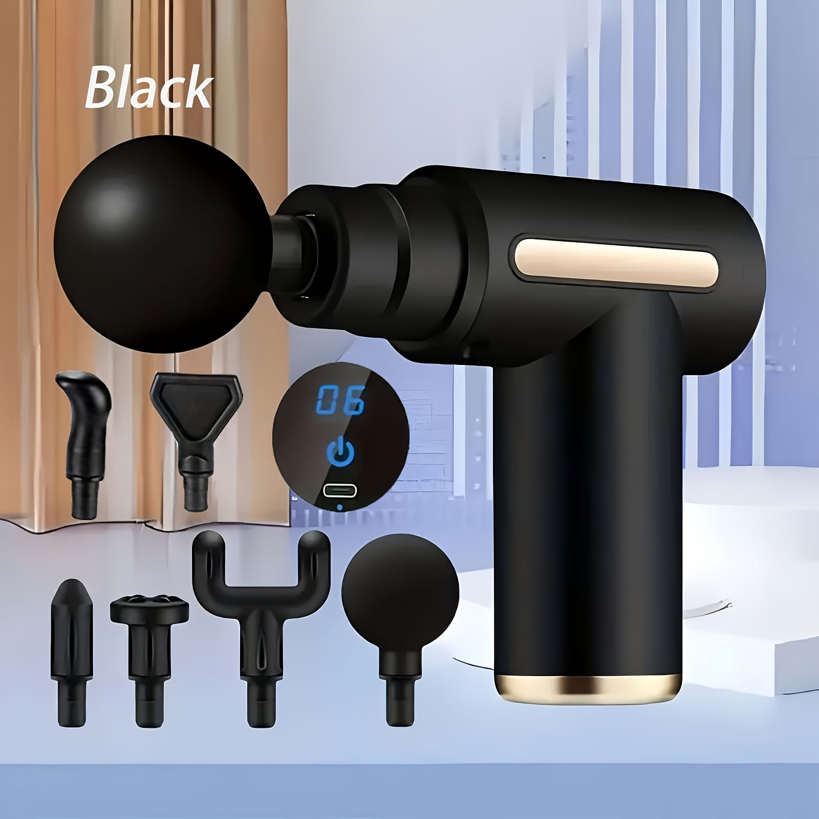 Massage Gun with 6 Interchangeable Heads for Body, Deep Tissue Muscle Massager in Black