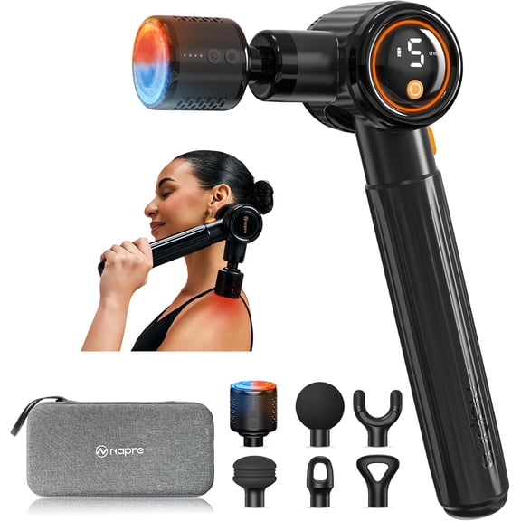 Massage Gun with Heat and Cold Therapy, Deep Tissue Percussion Massager with Extension Handle and 3 Adjustable Angles, 6 Attachments