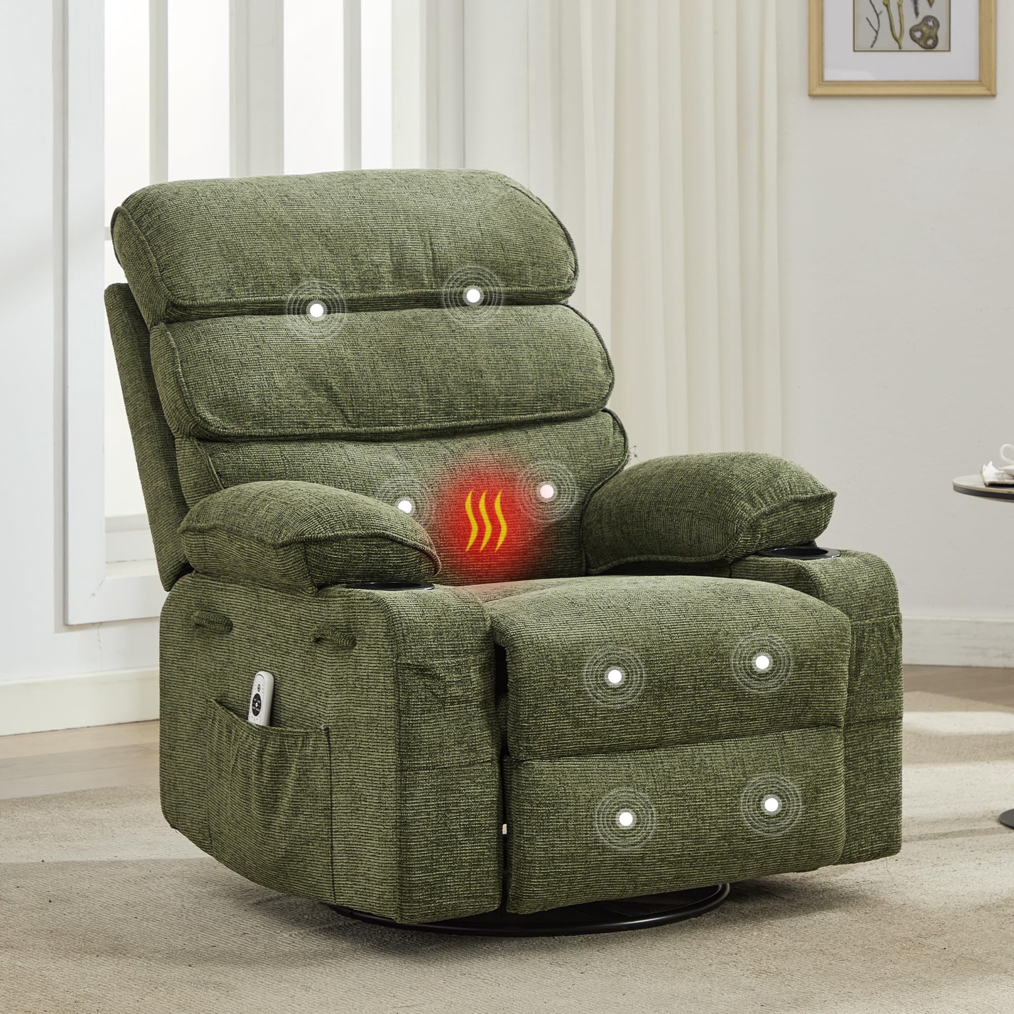 Massage and Heat Swivel Rocker Recliner Chair with Adjustable Backrest ...