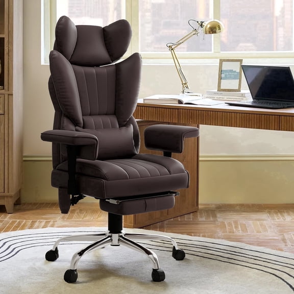 Massage Heated Office Chair with Foot Rest - 6 Points Vibration 400LBS Executive Office Chair with Adjustable Headrest, Armrest and Lumbar Pillow, Comfy Leather Desk Chair for Home Office, Brown