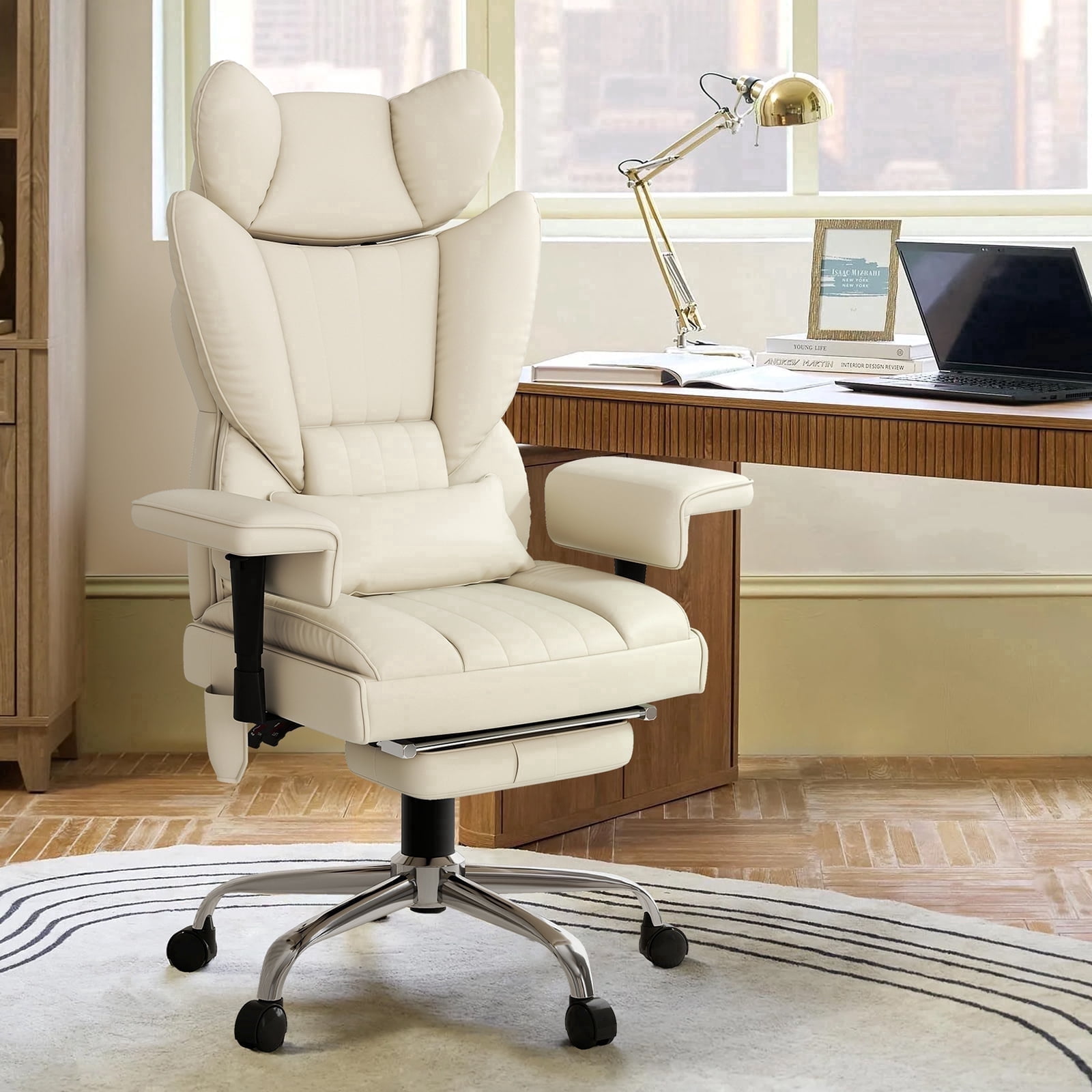 Massage Heated Office Chair with Foot Rest - 6 Points Vibration 400LBS Executive Office Chair with Adjustable Headrest, Armrest and Lumbar Pillow, Comfy Leather Desk Chair for Home Office, Beige
