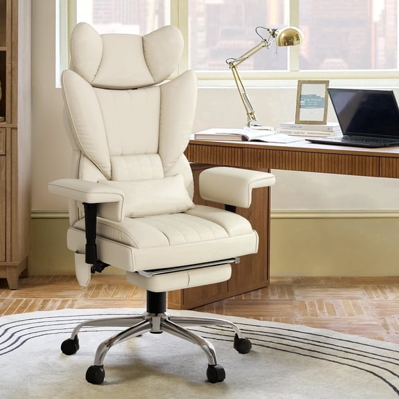 Massage Heated Office Chair with Foot Rest - 6 Points Vibration 400LBS Executive Office Chair with Adjustable Headrest, Armrest and Lumbar Pillow, Comfy Leather Desk Chair for Home Office, Beige