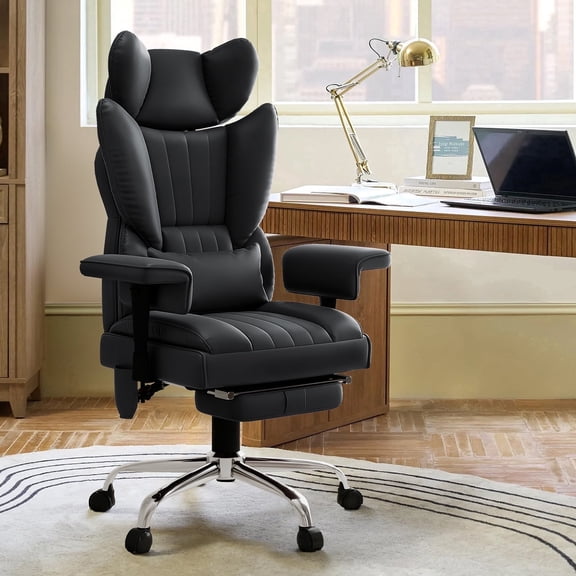 Massage Heated Office Chair with Foot Rest - 6 Points Vibration 400LBS Executive Office Chair with Adjustable Headrest, Armrest and Lumbar Pillow, Comfy Leather Desk Chair for Home Office, Black