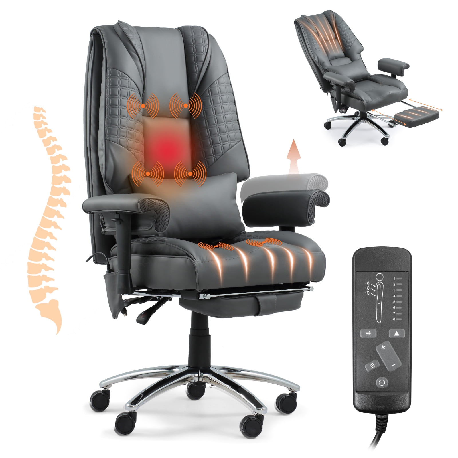 Massage & Heated Office Chair with Foot Rest, Ergonomic Executive Office Chair with Reclining Backrest, Adjustable Arms & Lumbar Support, High Back Leather Desk Chairs for Home Office, Gray