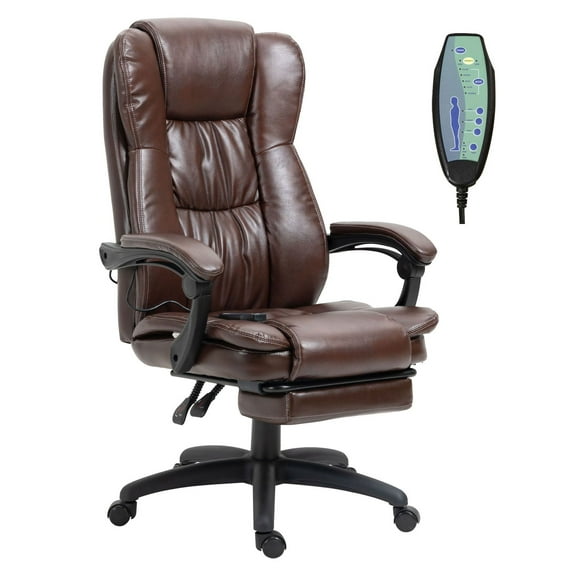 Massage Office Chair Ergonomic with Footrest - 6 Point Vibration - Brown PU Leather - Adjustable Height & Recline - Home Office Desk Chair