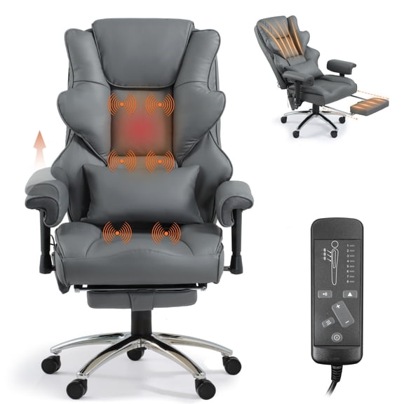 Massage Office Chair with Foot Rest, Ergonomic Executive Heated Office Chair with Reclining Backrest, Adjustable Arms and Lumbar Support, High Back Leather Desk Chairs for Home Office, Gray