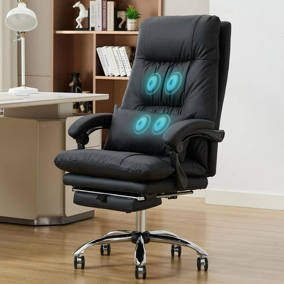 Massage Office Chair with Foot Rest - High Back 155° Reclining 6 Points Vibration, Leather Office Chair Computer Desk Chair with Wheels (Black, Massage)