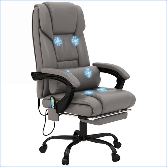 Massage Office Chair, High-Back with 6-Point Vibration, Remote & Footrest | Charcoal Gray Faux Leather