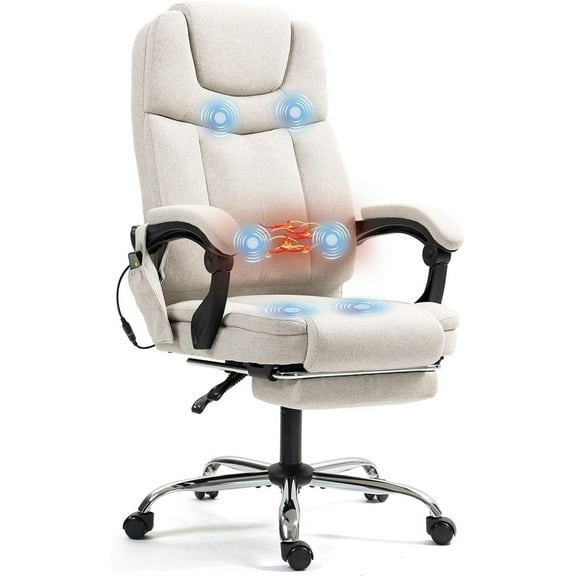 Massage Office Chair with Footrest, Ergonomic Adjustable Reclining Executive Home Desk Chair w/ 6 Vibration Points & Heat, Beige