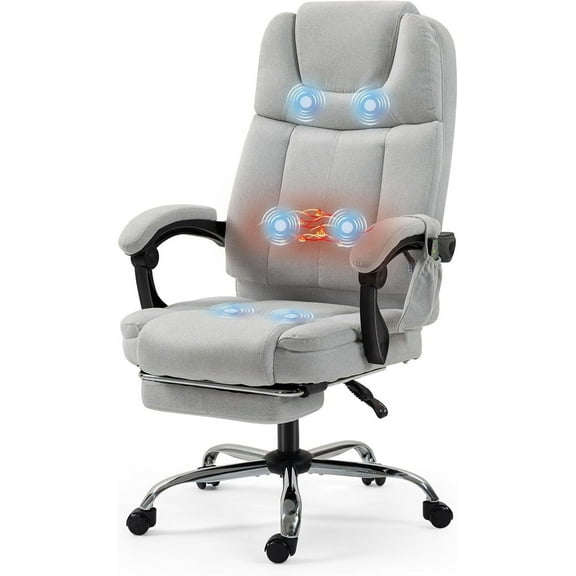 Massage Office Chair with Footrest, Ergonomic Adjustable Reclining Executive Home Desk Chair w/ 6 Vibration Points & Heat, Light Grey